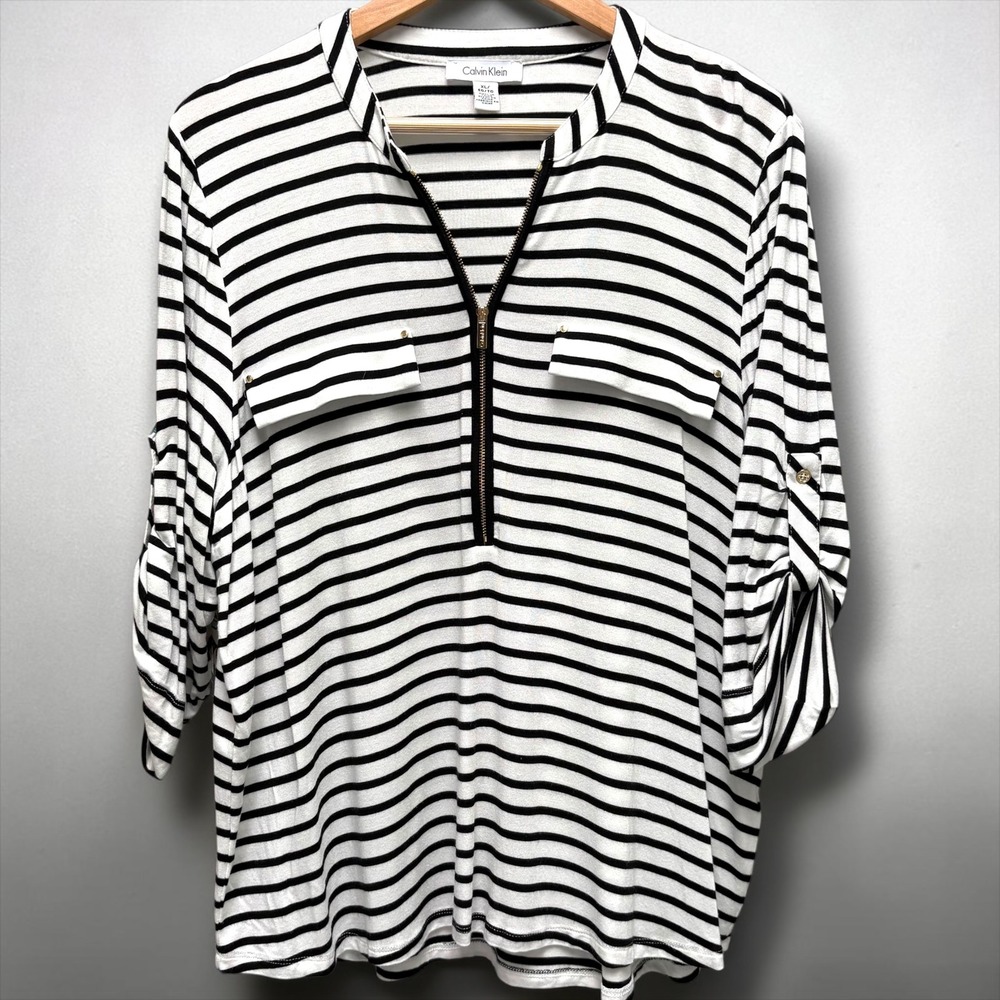 Calvin Klein Womens XL Black White Striped Half Zip Roll Tab Sleeve Blouse Top
